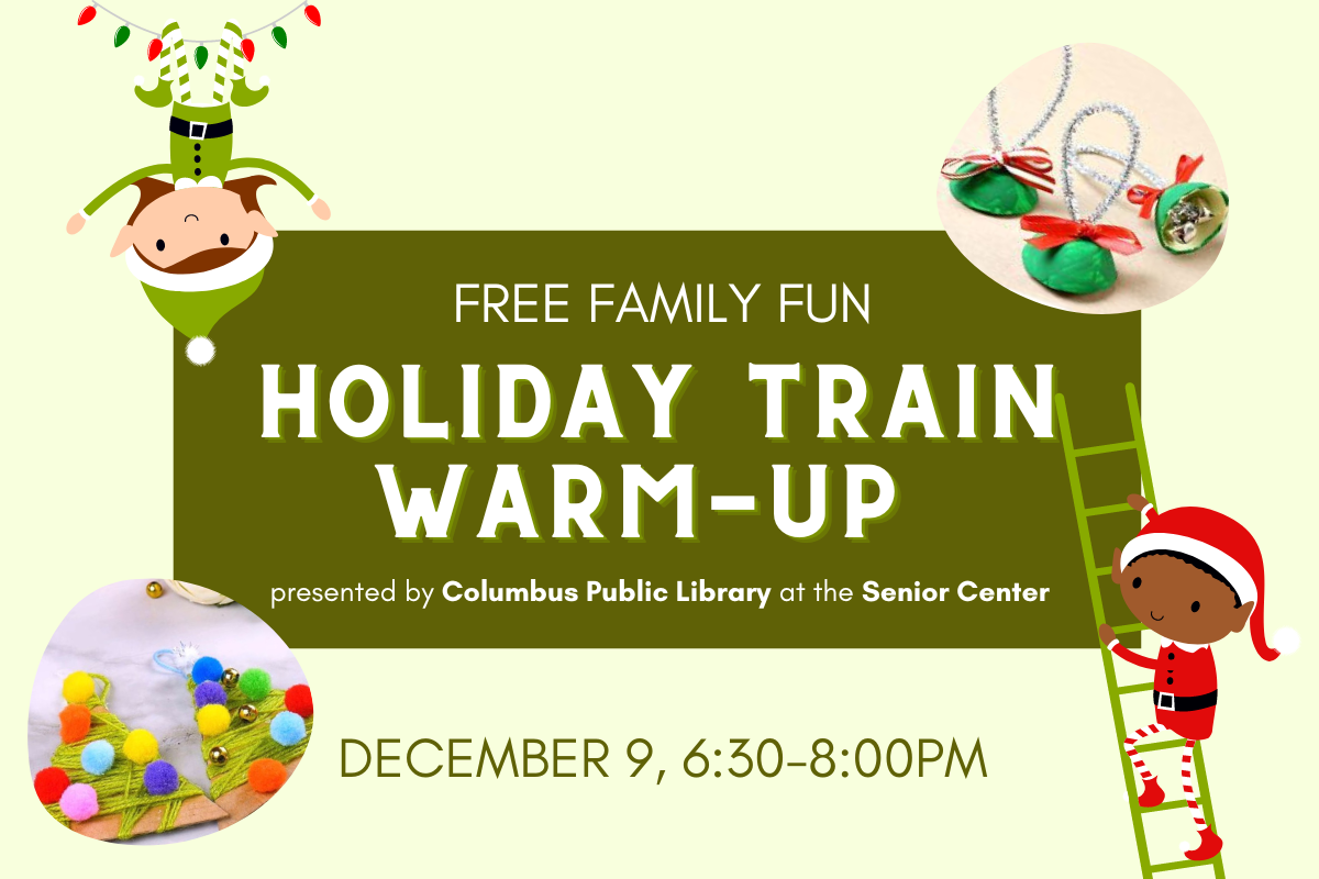 Holiday Train Warm-Up promotion image with pictures of crafts and elf graphics
