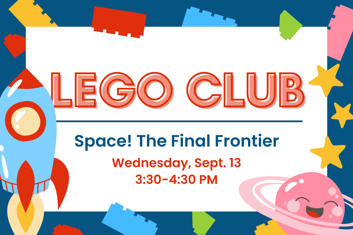 Graphic of lego pieces and a spaceship, planet and stars