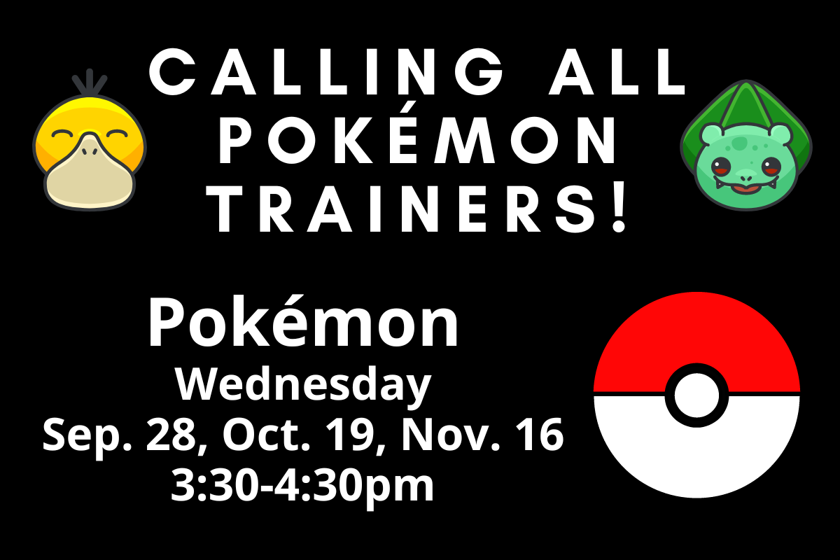 words calling all pokemon trainers next to image pokeball