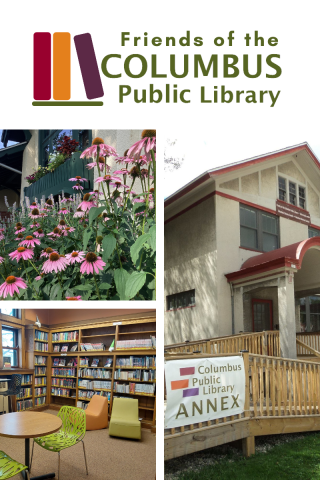 Friends of the Columbus Public Library Logo, Collage of library gardens, teen space and the library annex