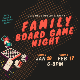 Family board game night promotion image with games and dice