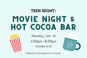 Movie night promotional image with popcorn and hot cocoa graphics