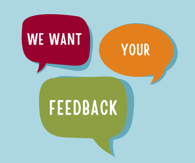 Speech bubbles with "We want your feedback"