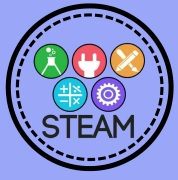 circle badge with images of science, technology, enginering, art and math to represent STEAM